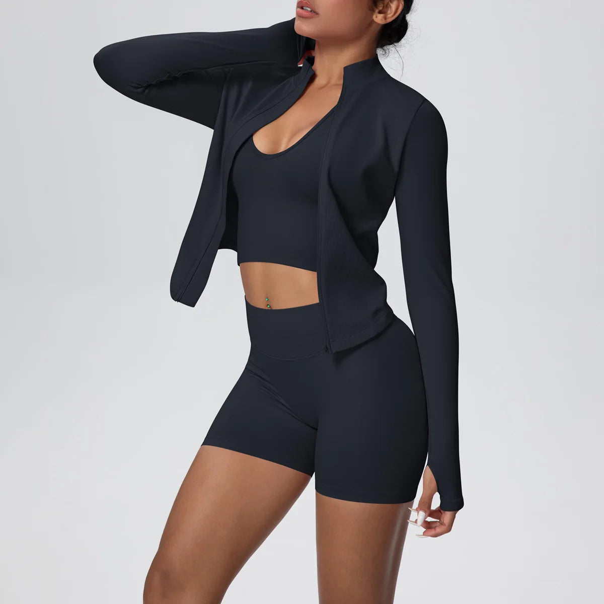 Mulheres sem costura conjunto de yoga 3 pçs roupas de treino esportes ginásio legging à prova de choque sutiã de fitness colheita superior manga longa terno de yoga