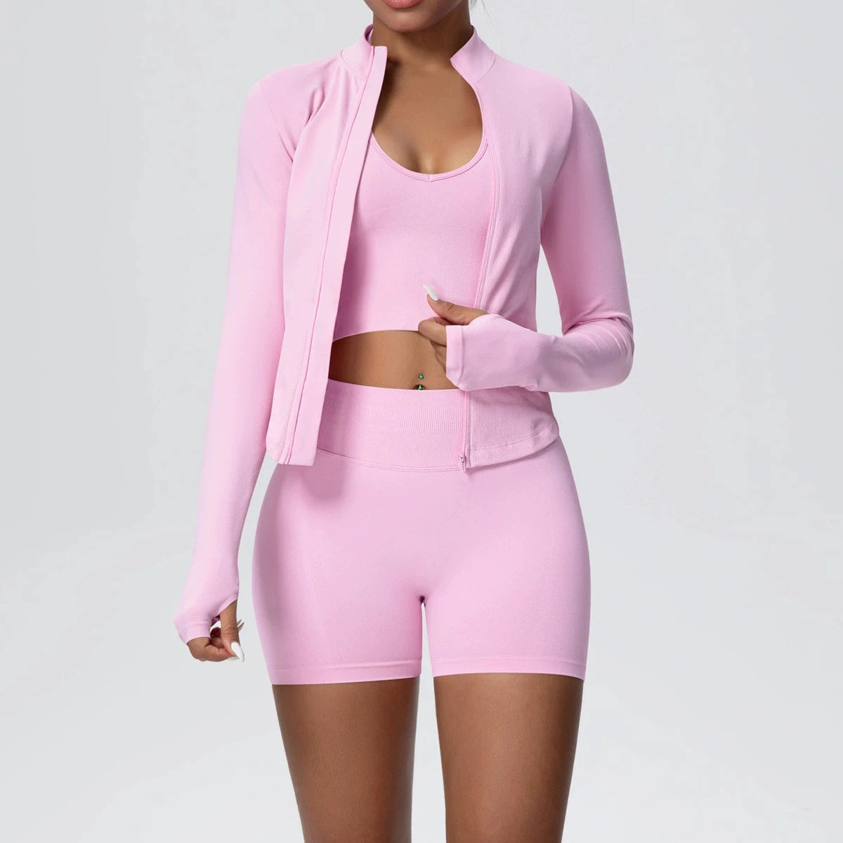 Mulheres sem costura conjunto de yoga 3 pçs roupas de treino esportes ginásio legging à prova de choque sutiã de fitness colheita superior manga longa terno de yoga
