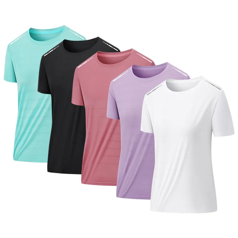 Camiseta de Verão em Malha para Mulheres, Camiseta de Corrida ao Ar Livre com Faixa Refletiva, Manga Curta Respirável, Camiseta Esportiva Elástica para Fitness