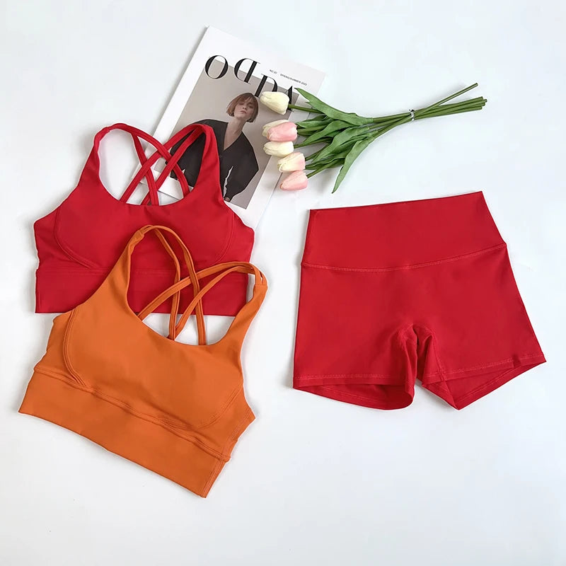 2 pçs conjuntos de yoga nu sentir ginásio conjunto feminino roupas de treino cintura alta shorts de yoga e tiras sutiã esportivo conjuntos curtos verão