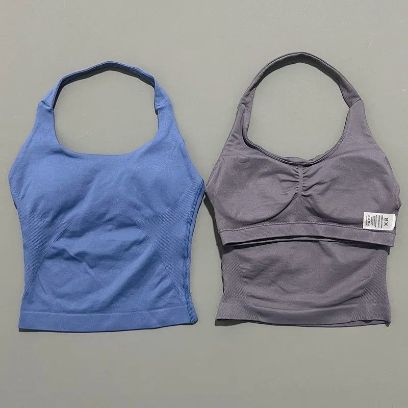 HISTELLO Top Halter Sem Costura Longline com Alças para Academia Feminino com Sutiã Embutido e Bojo Removível - Roupa Ativa para Yoga