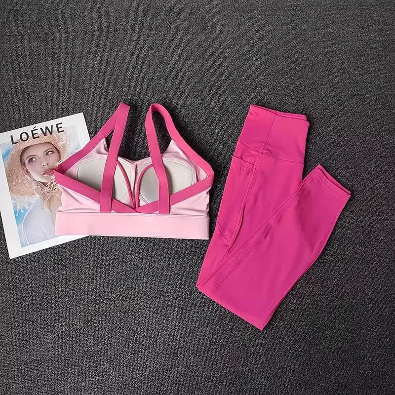 2 pçs feminino high-end yoga treino terno conjunto de fitness conjunto de roupas esportivas ginásio com sutiã esportivo e leggings conjunto