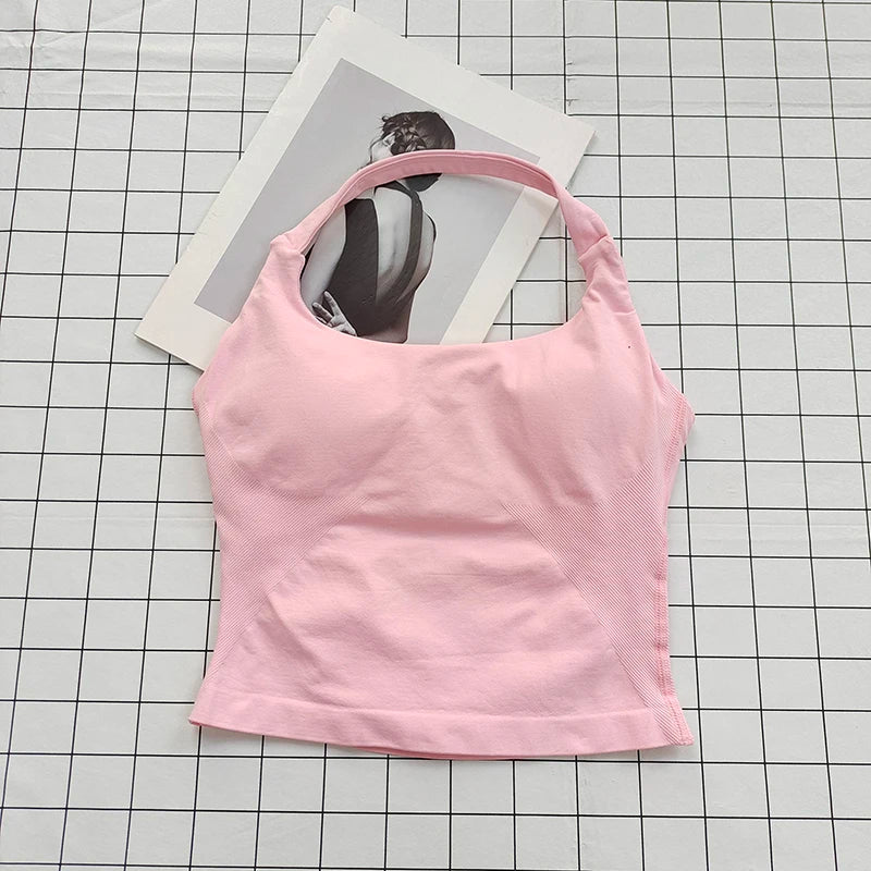 Conjunto Esportivo Feminino com Top Halter Sem Costas e Alças Acolchoadas, Sutiã Esportivo Antichoque para Yoga, Academia, Fitness e Uso Diário ao Ar Livre