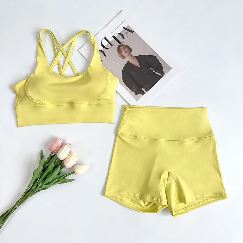 2 pçs conjuntos de yoga nu sentir ginásio conjunto feminino roupas de treino cintura alta shorts de yoga e tiras sutiã esportivo conjuntos curtos verão