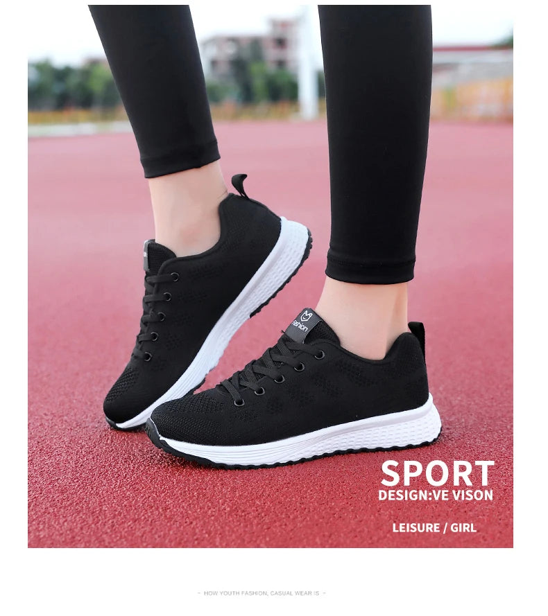 Tênis Casuais Femininos, Moda Respirável, Sapatos Planos de Malha para Caminhada, Tênis para Corrida e Academia, Calçados Femininos Brancos