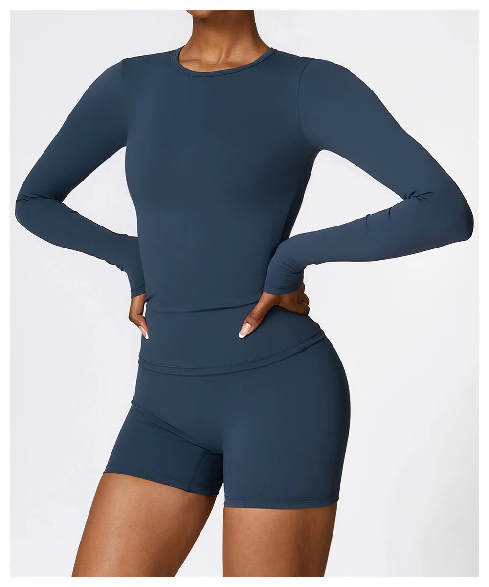 Manga comprida Yoga T-shirts para as Mulheres, Sólidos Top Sports, Ginásio Workout, Running Camisas, Sexy Exposto Umbigo, Quick Dry Fitness Wear