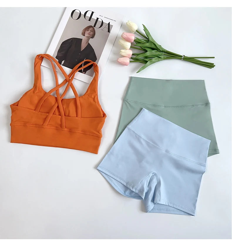 2 pçs conjuntos de yoga nu sentir ginásio conjunto feminino roupas de treino cintura alta shorts de yoga e tiras sutiã esportivo conjuntos curtos verão
