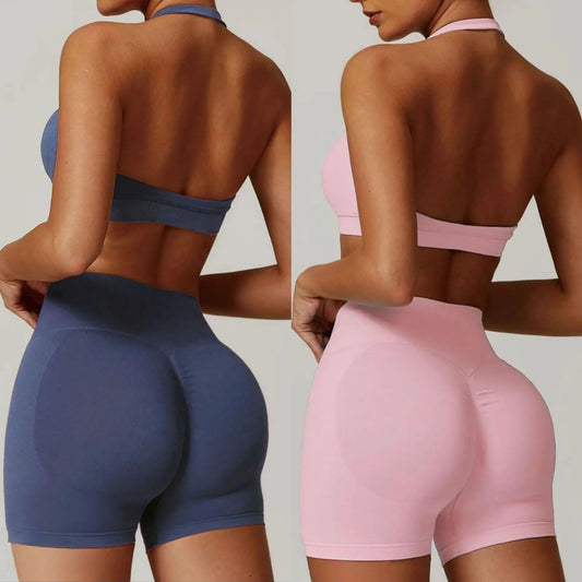 Conjunto de Yoga Feminino com Top Halter e Shorts de Cintura Alta, Ajuste Justo e Versátil para Fitness e Esportes