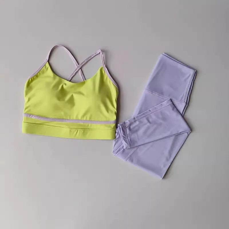 Conjunto de Yoga Feminino, Conjunto de Treino de 2 Peças, Leggings de Cintura Alta, Sutiã Esportivo, Roupa de Academia, Conjunto de Fitness