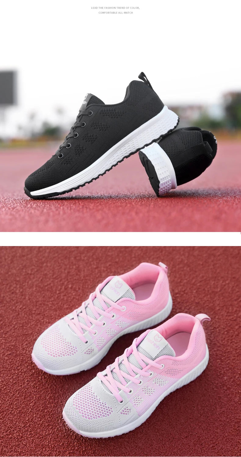 Tênis Casuais Femininos, Moda Respirável, Sapatos Planos de Malha para Caminhada, Tênis para Corrida e Academia, Calçados Femininos Brancos
