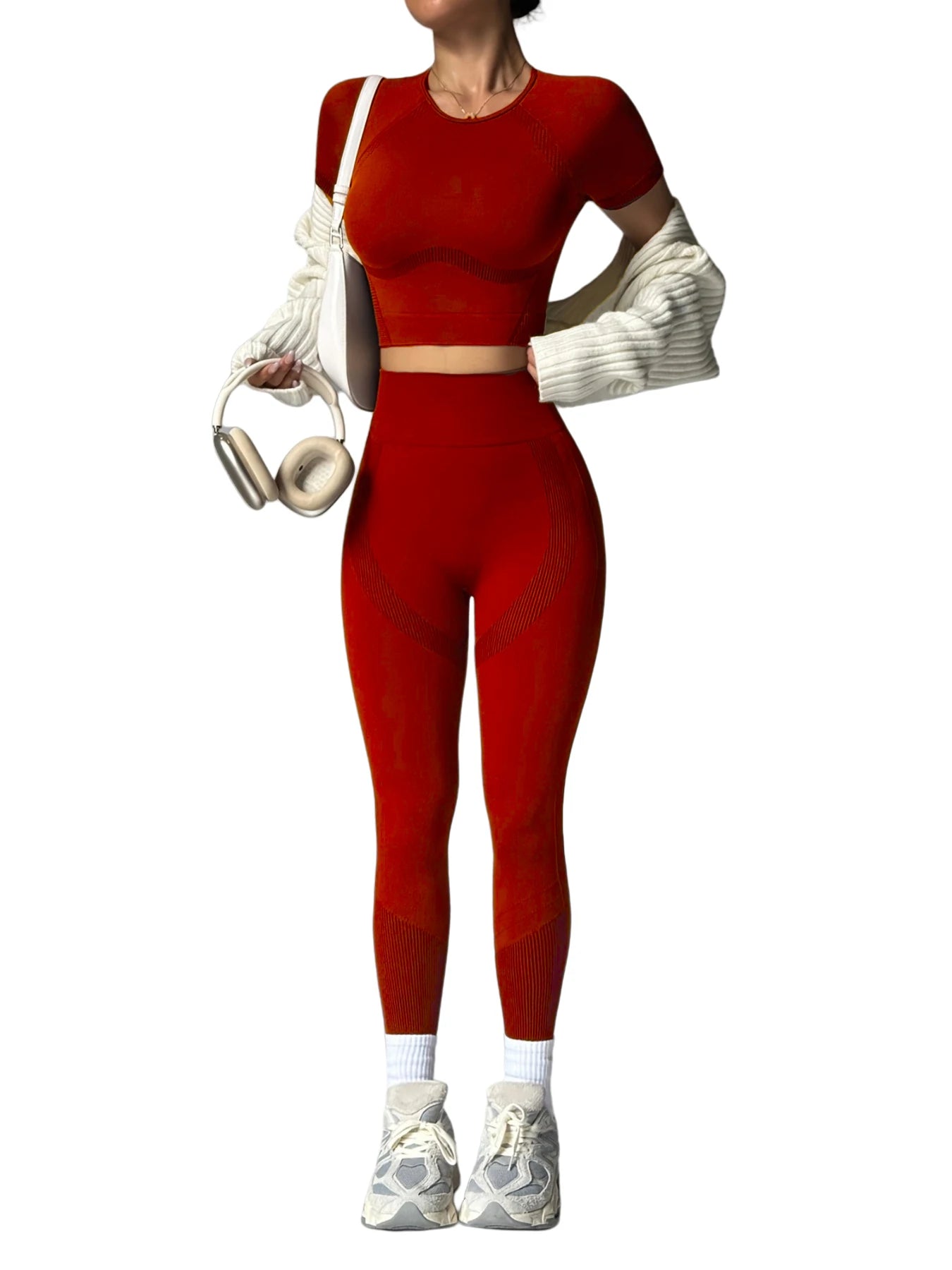 Conjunto de roupas esportivas resistentes das mulheres de 2 pces, mangas curtas respiráveis sem cintura e calças de cintura alta, treino de ginásio de yoga para correr,
