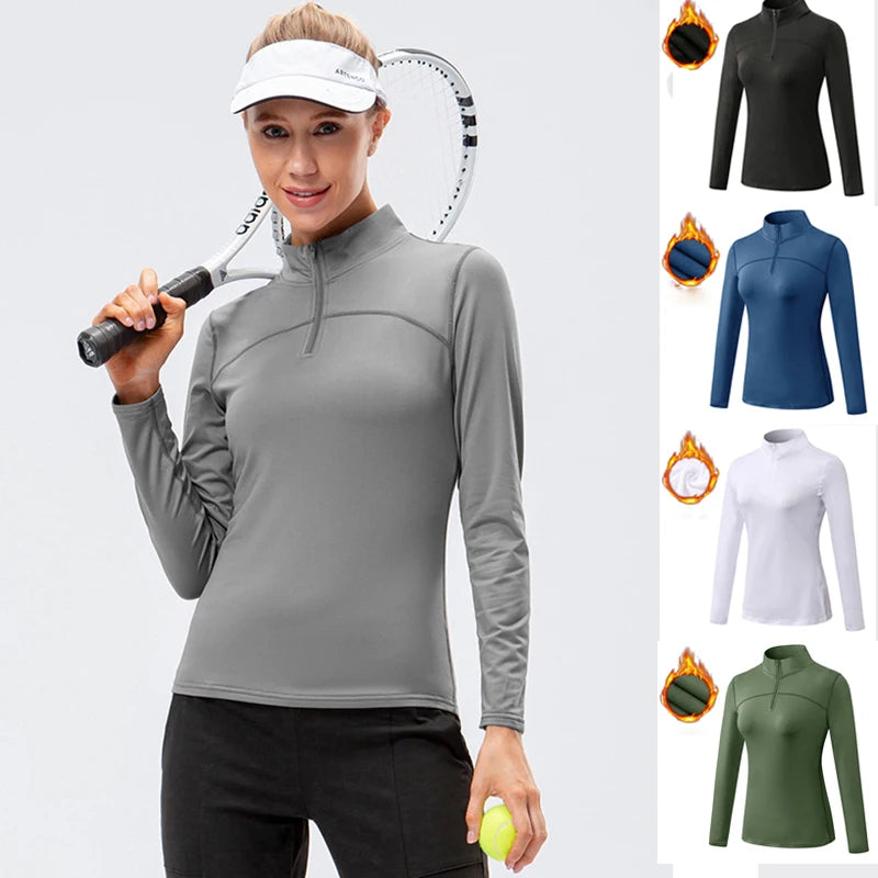 Yoga topos feminino outono inverno manga longa correndo esportes topo com zíper gola de fitness ao ar livre caminhadas bicicleta esporte camisa mais veludo