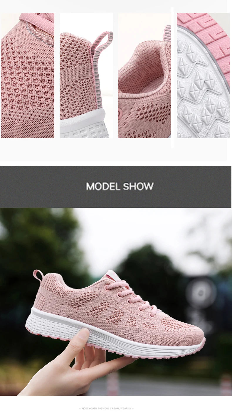 Tênis Casuais Femininos, Moda Respirável, Sapatos Planos de Malha para Caminhada, Tênis para Corrida e Academia, Calçados Femininos Brancos