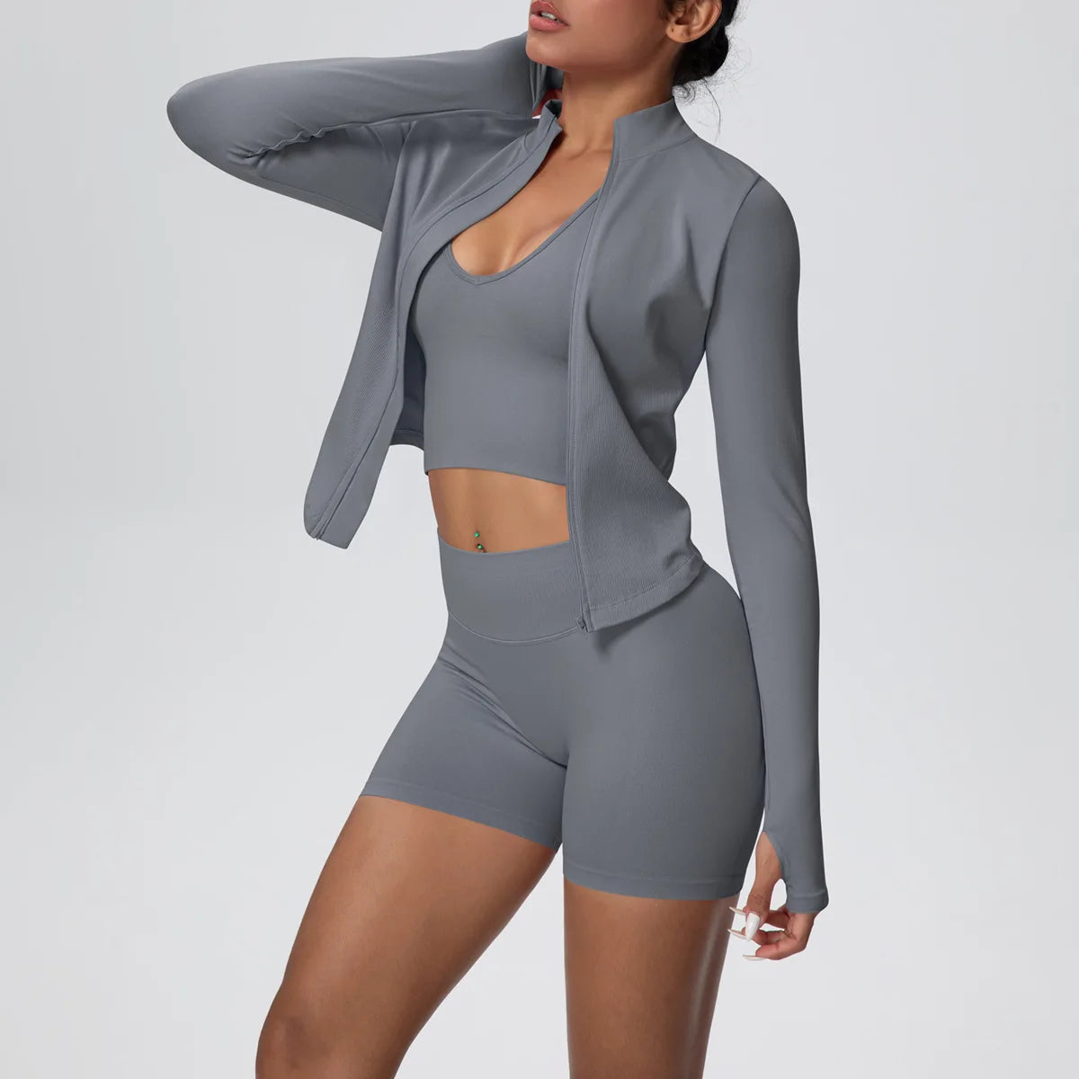 Mulheres sem costura conjunto de yoga 3 pçs roupas de treino esportes ginásio legging à prova de choque sutiã de fitness colheita superior manga longa terno de yoga