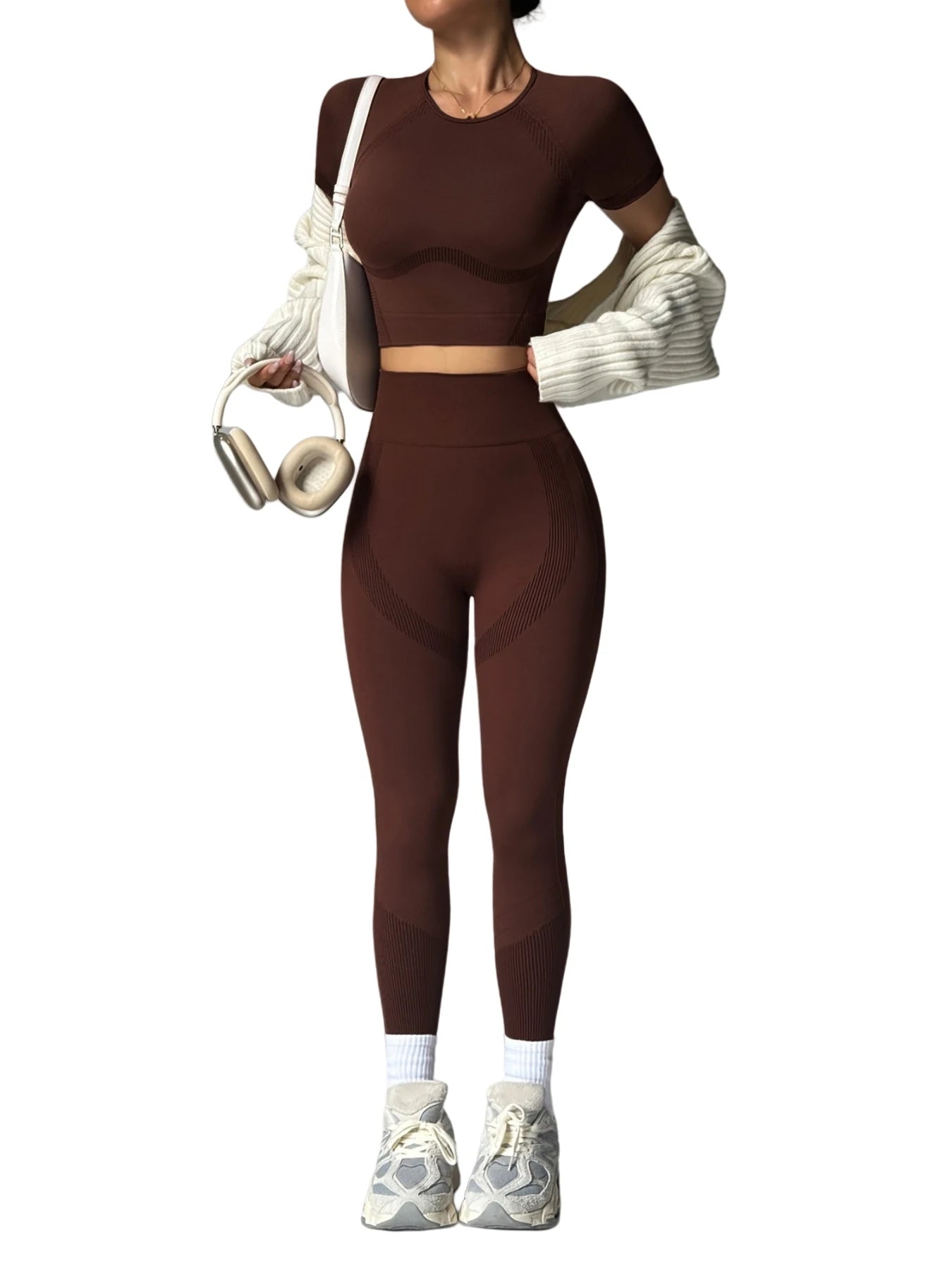 Conjunto de roupas esportivas resistentes das mulheres de 2 pces, mangas curtas respiráveis sem cintura e calças de cintura alta, treino de ginásio de yoga para correr,