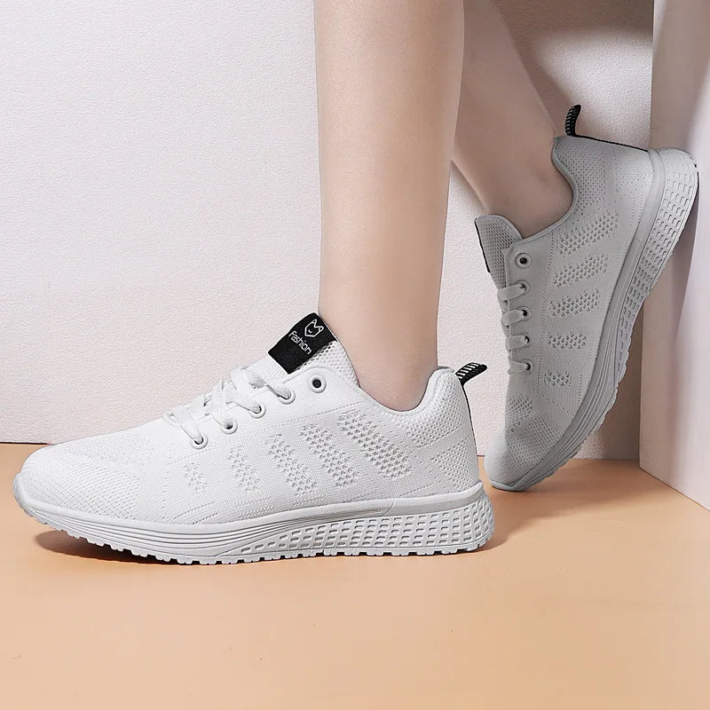 Tênis Casuais Femininos, Moda Respirável, Sapatos Planos de Malha para Caminhada, Tênis para Corrida e Academia, Calçados Femininos Brancos