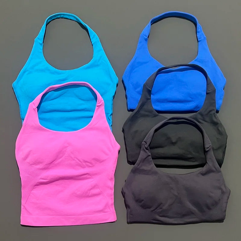HISTELLO Top Halter Sem Costura Longline com Alças para Academia Feminino com Sutiã Embutido e Bojo Removível - Roupa Ativa para Yoga