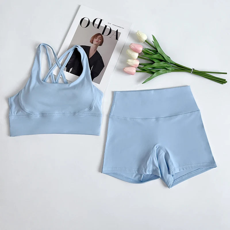 2 pçs conjuntos de yoga nu sentir ginásio conjunto feminino roupas de treino cintura alta shorts de yoga e tiras sutiã esportivo conjuntos curtos verão