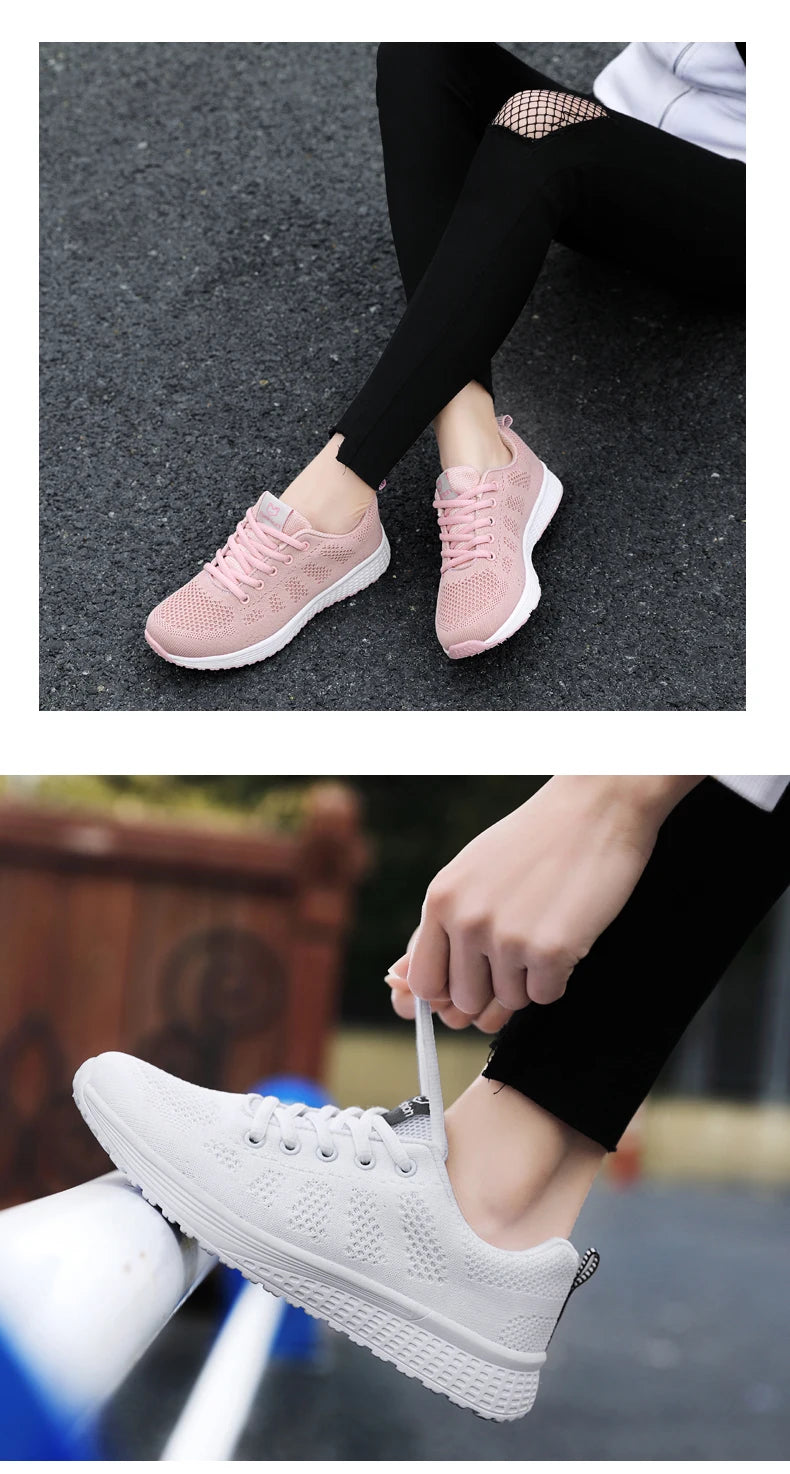 Tênis Casuais Femininos, Moda Respirável, Sapatos Planos de Malha para Caminhada, Tênis para Corrida e Academia, Calçados Femininos Brancos