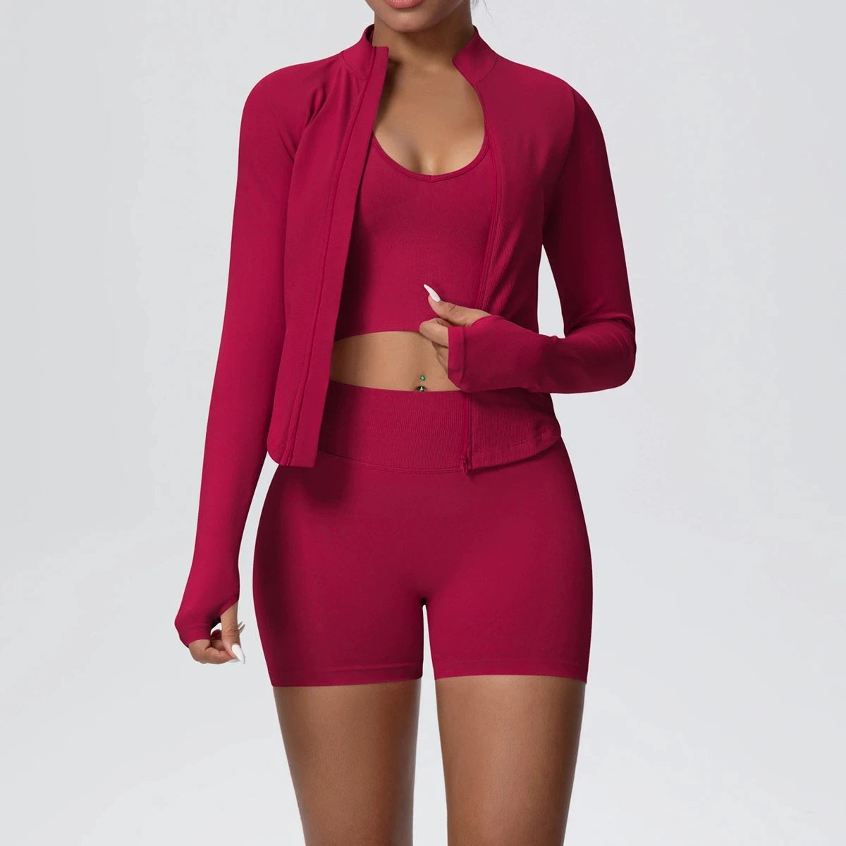 Mulheres sem costura conjunto de yoga 3 pçs roupas de treino esportes ginásio legging à prova de choque sutiã de fitness colheita superior manga longa terno de yoga