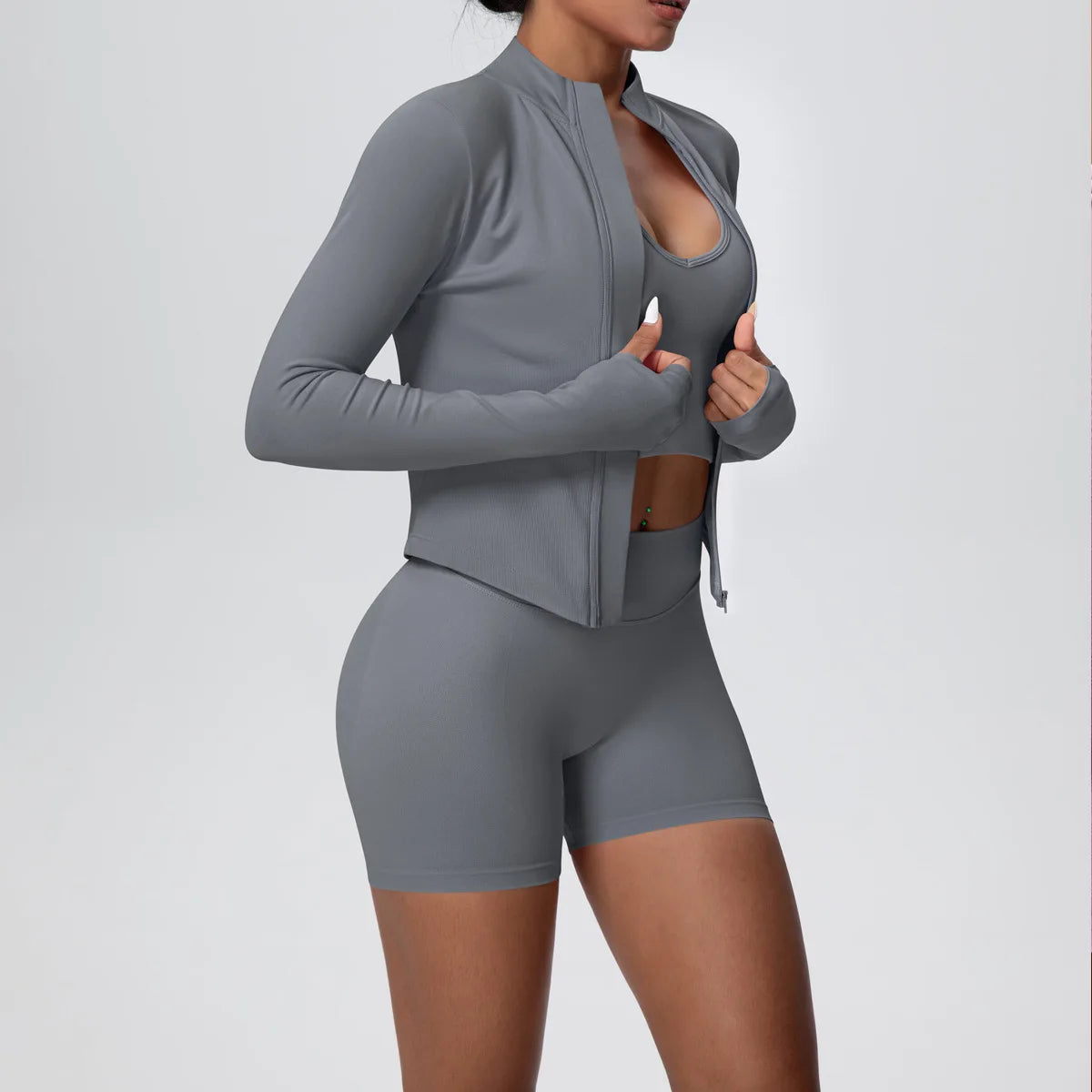 Mulheres sem costura conjunto de yoga 3 pçs roupas de treino esportes ginásio legging à prova de choque sutiã de fitness colheita superior manga longa terno de yoga