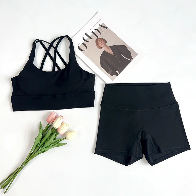 2 pçs conjuntos de yoga nu sentir ginásio conjunto feminino roupas de treino cintura alta shorts de yoga e tiras sutiã esportivo conjuntos curtos verão