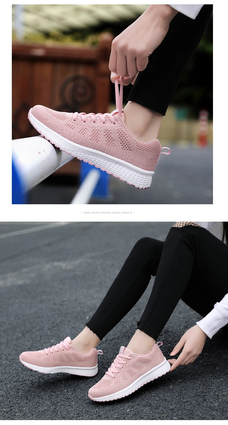 Tênis Casuais Femininos, Moda Respirável, Sapatos Planos de Malha para Caminhada, Tênis para Corrida e Academia, Calçados Femininos Brancos