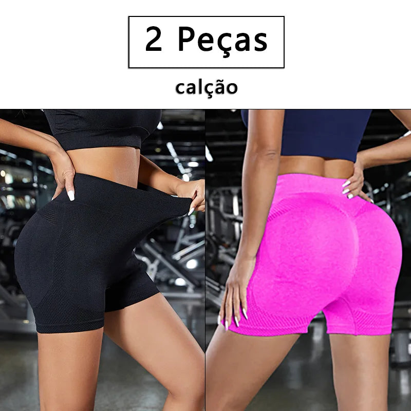 2 peças, Short esportivo feminino，Academia short，Calças Femininas de Ioga Com Controle de Barriga E bumbum