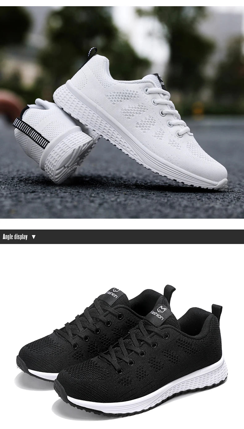 Tênis Casuais Femininos, Moda Respirável, Sapatos Planos de Malha para Caminhada, Tênis para Corrida e Academia, Calçados Femininos Brancos