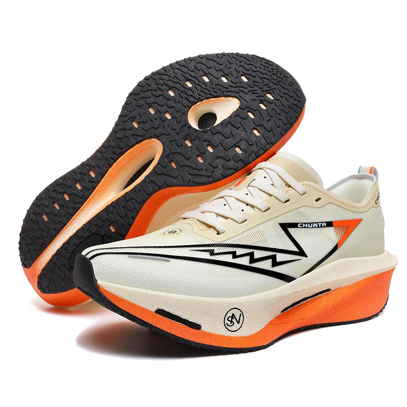 Tênis de corrida CHUNTA com placa de carbono e malha respirável para homens e mulheres, tênis esportivos para maratona com amortecimento e antiderrapantes.