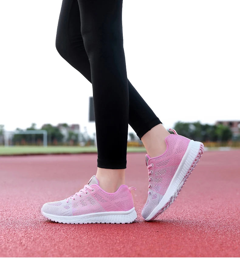Tênis Casuais Femininos, Moda Respirável, Sapatos Planos de Malha para Caminhada, Tênis para Corrida e Academia, Calçados Femininos Brancos