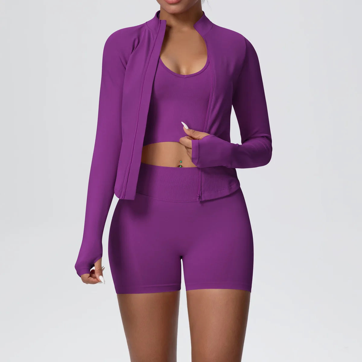Mulheres sem costura conjunto de yoga 3 pçs roupas de treino esportes ginásio legging à prova de choque sutiã de fitness colheita superior manga longa terno de yoga