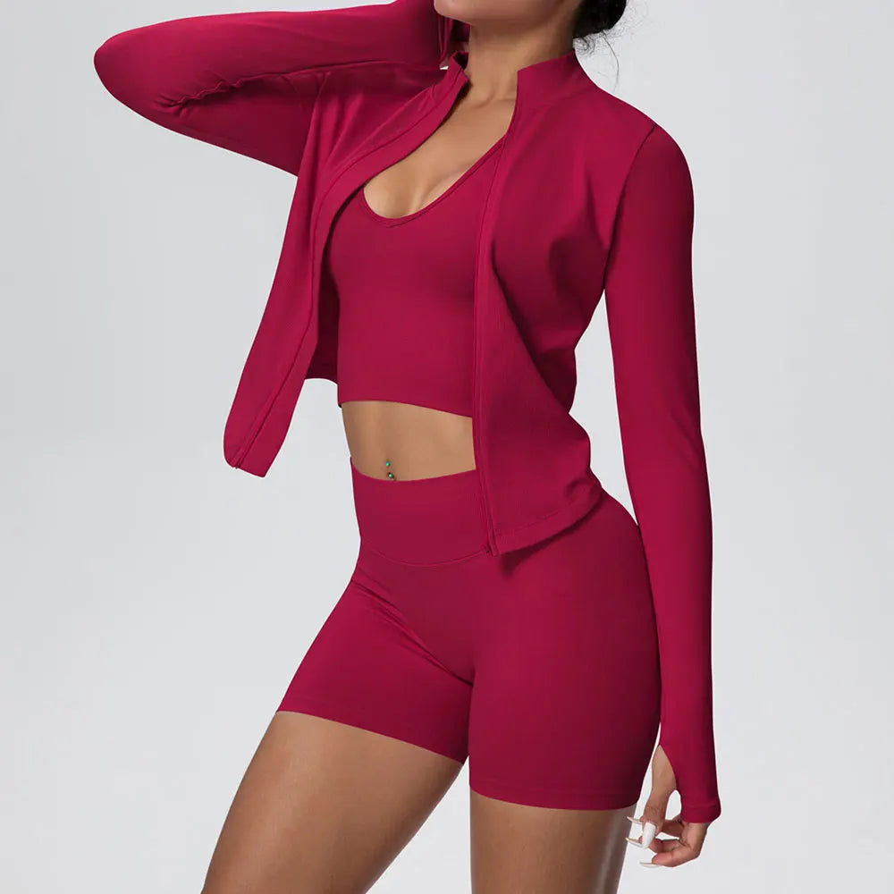 Mulheres sem costura conjunto de yoga 3 pçs roupas de treino esportes ginásio legging à prova de choque sutiã de fitness colheita superior manga longa terno de yoga