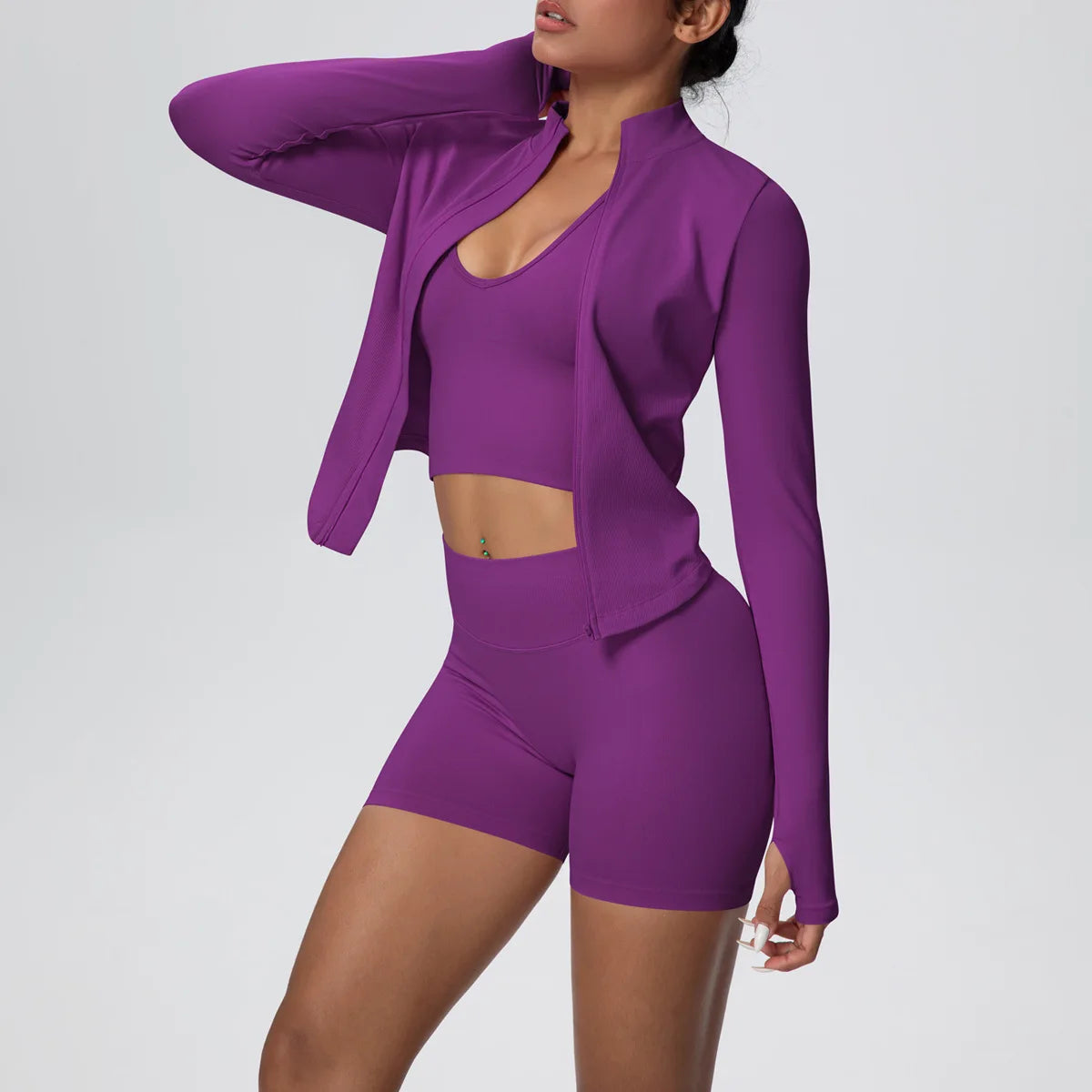 Mulheres sem costura conjunto de yoga 3 pçs roupas de treino esportes ginásio legging à prova de choque sutiã de fitness colheita superior manga longa terno de yoga