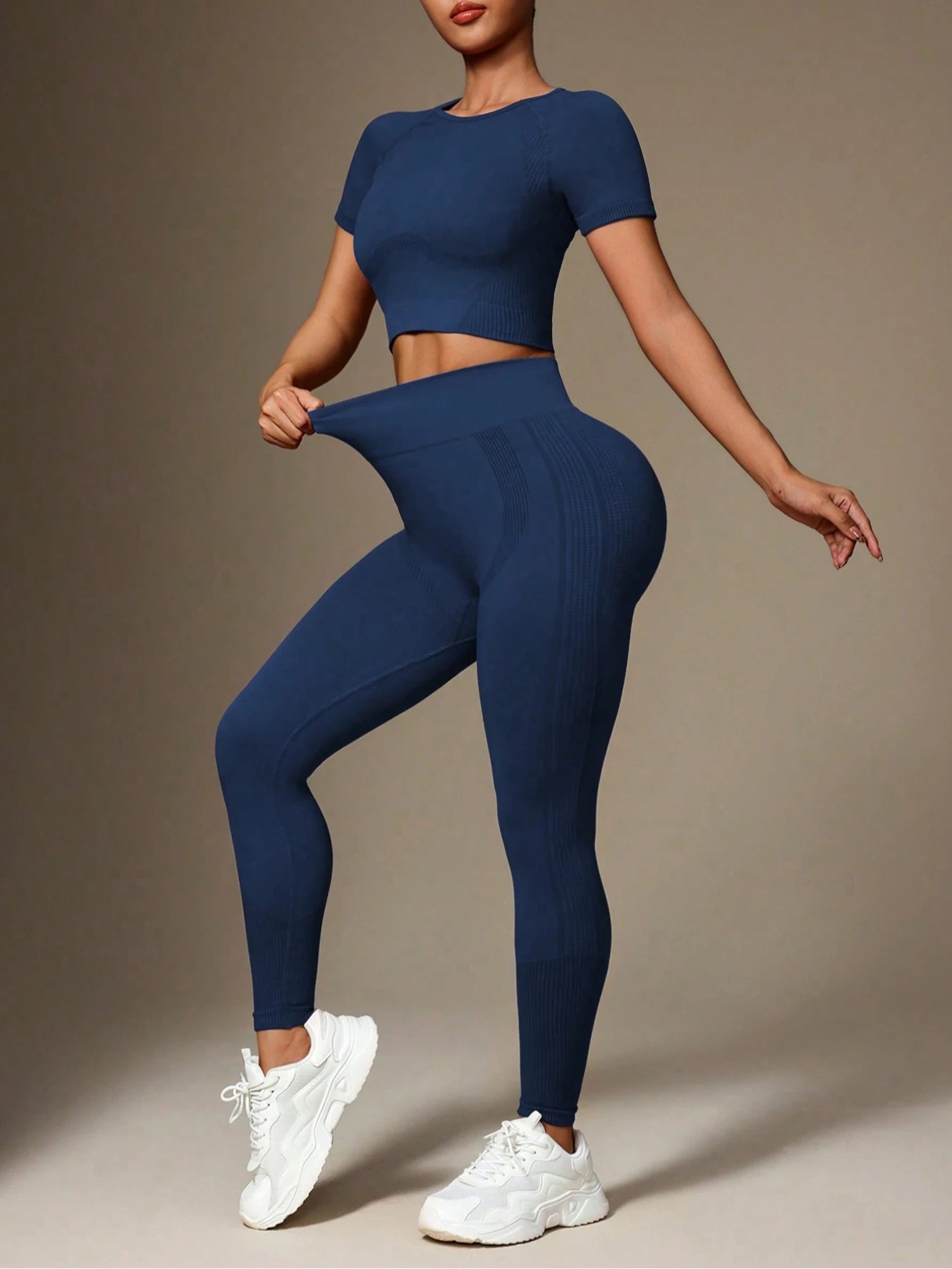 Conjunto de roupas esportivas resistentes das mulheres de 2 pces, mangas curtas respiráveis sem cintura e calças de cintura alta, treino de ginásio de yoga para correr,
