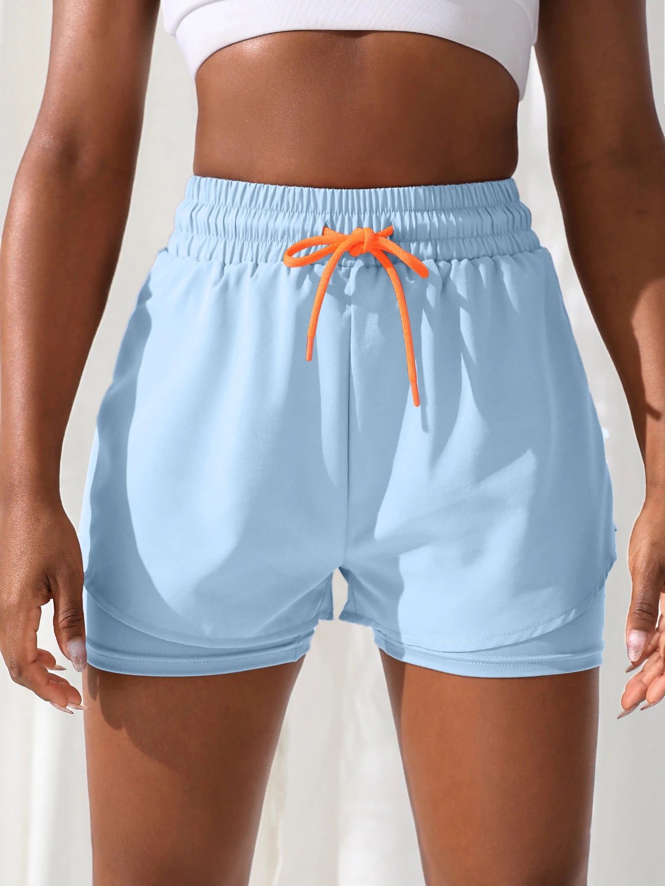 Shorts de ioga femininos de cintura alta com controle de proximidade elástico, shorts de corrida, calças falsas de duas peças