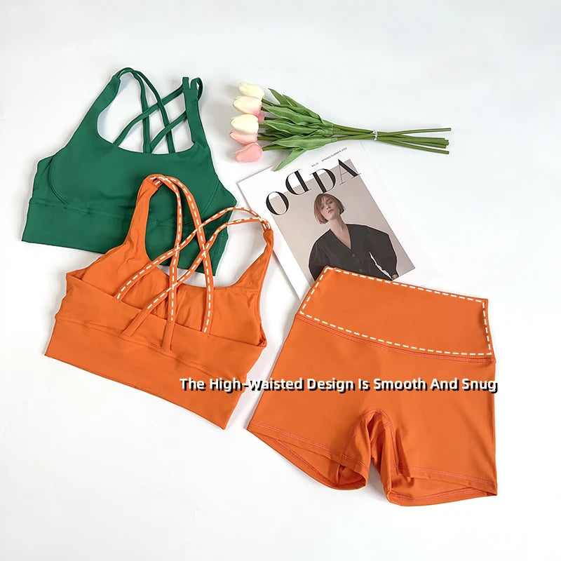 2 pçs conjuntos de yoga nu sentir ginásio conjunto feminino roupas de treino cintura alta shorts de yoga e tiras sutiã esportivo conjuntos curtos verão