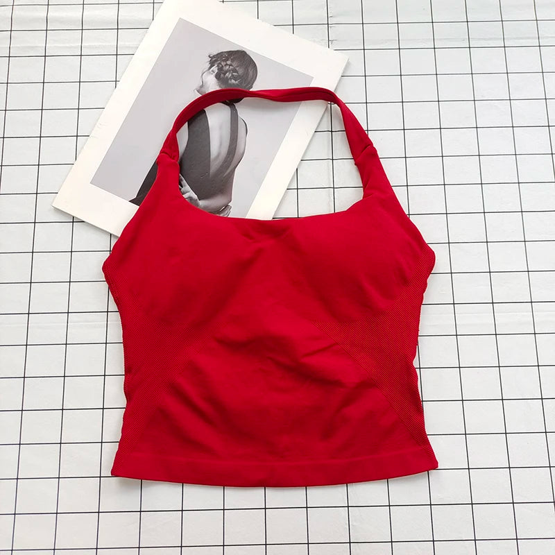Conjunto Esportivo Feminino com Top Halter Sem Costas e Alças Acolchoadas, Sutiã Esportivo Antichoque para Yoga, Academia, Fitness e Uso Diário ao Ar Livre