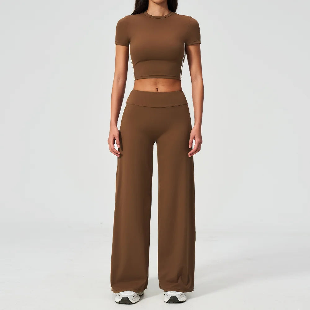 Conjunto de Roupas de Yoga Feminino 2 Peças, Roupa Esportiva para Corrida e Treino, Conjunto de Ginástica com Camiseta de Mangas Curtas, Vestuário Esportivo para Yoga